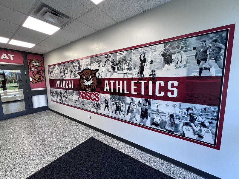 Wildcat Athletics mural at the Blikre Activity Center, angled view beside the entry doors