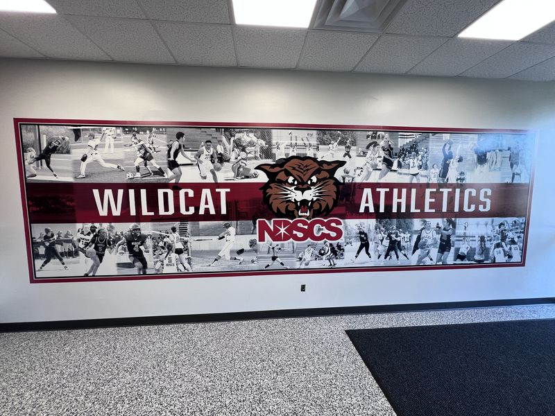 After: finished Wildcat Athletics mural printed directly on the wall