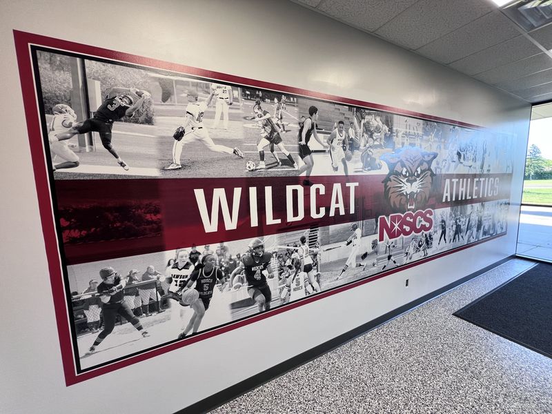 Wildcat Athletics mural at the Blikre Activity Center, angled view looking toward the windows